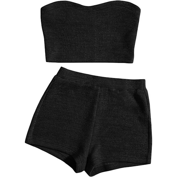 dusa Dam 2-delat set Ribbad Crop Bandeau Tubtopp och Biker Track Shorts Set Svart Liten