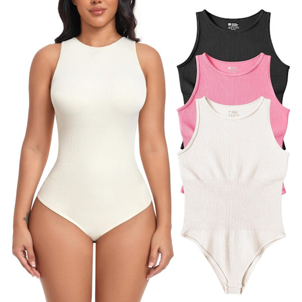 AR Dam Bodysuits 3-pack Ribbade Linnen Ärmlösa Sexiga Enkla Halter Hals Shapewear Bodysuit Svart Beige Candypink Medium