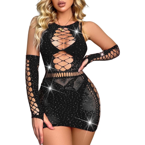 a Lust Sexig Sparkly Rhinestone Bodysuit - Rave Exotic Mesh Outfits Fishnet Club Dancewear Jumpsuit Cutout Romper for Wom Black One Size