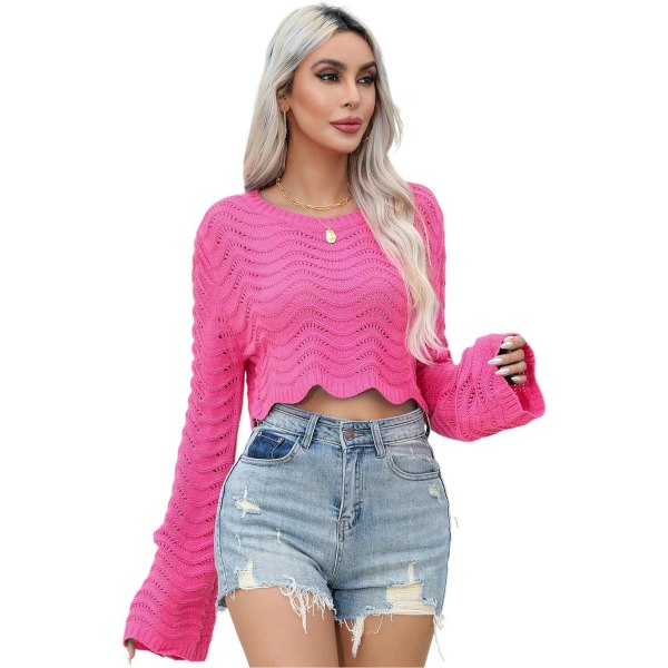 ivimos Dam Cropped Tröja Långärmad Rund Hals Casual Toppar Mode Ihålig Elastisk Lös Stickad Tröja Pullover Hotpink Liten