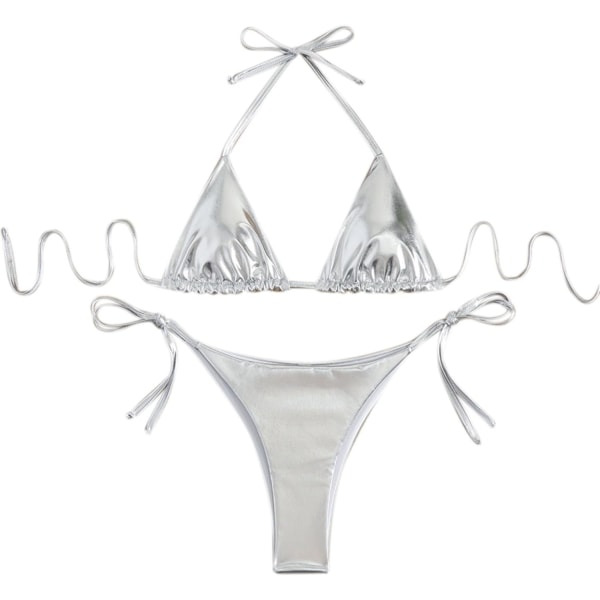 en's Shiny Liquid Metallic Bikini Set 2 delar Sexig Grimma Triangel Baddräkt Tie Sida Baddräkt Silver Large