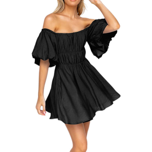ivimos Sommarklänning för kvinnor, kort puffärm, bohemisk, off shoulder, casual, smockad, swing, miniklänning, svart, stor