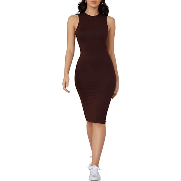 dusa Damkläder Ärmlös Rund Hals Basic Bodycon Blyerts Knälång Klänning Choklad Liten