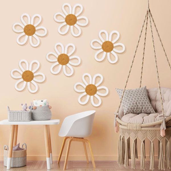 6 st Boho Daisy Väggdekor Boho Barnkammare Dekor för Flickor Rotting Blomma Väggkonst Bohemian Boho Barnkammare Väggdekor Dai Vit