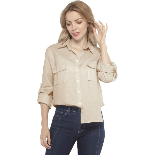 ch Långärmade skjortor i linne med knappar för kvinnor med fickor #2046 Aprikos XX-Large