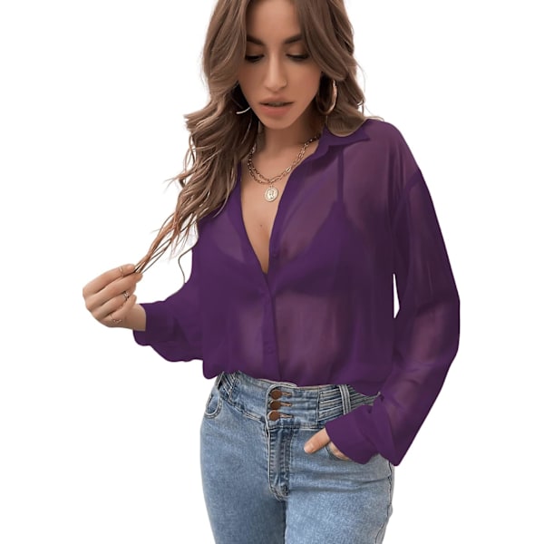 dusa Dam Sheers Mesh Knapp Ned Skjorta Topp Långärmad Sänkt Axel Blus Lila X-Small