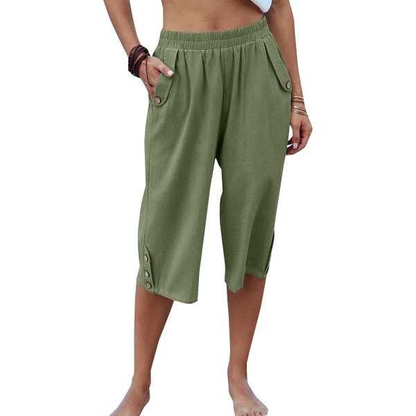 aer Capri-byxor för kvinnor Casual Cropped Byxor Elastisk midja sommarbyxor 3/4 långa byxor med fickor S-XXL Gräsgrön X-Large