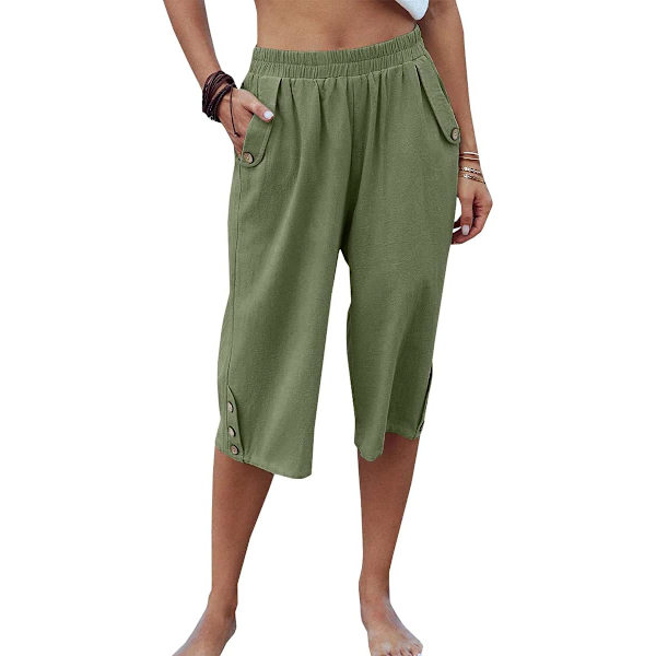 aer Dam Capribyxor Casual Cropped Byxor Elastisk Midja Sommarbyxor 3/4 Längd Byxor med Fickor S-XXL Gräsgrön XX-Large