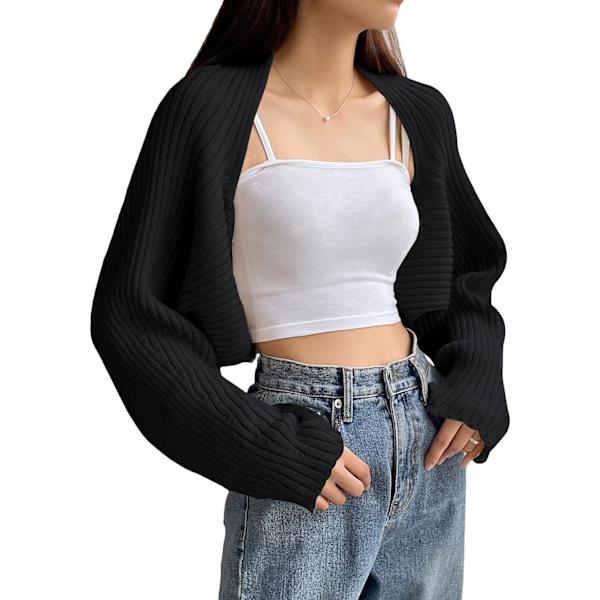 dusa Dam Långärmad Öppen Framtill Stickad Croppad Cardigan Tröja Shrug Svart Ribb Liten