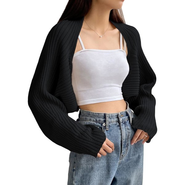 dusa Kvinnors långärmad Öppen Front Stickad Crop Cardigan Sweater Shrug Svart Ribb Stor