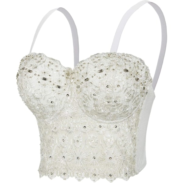 nyi Dam Lace Rhinestone Bustier Korsett Bröllop Fest Crop Top Behå Väst Vit X-Small