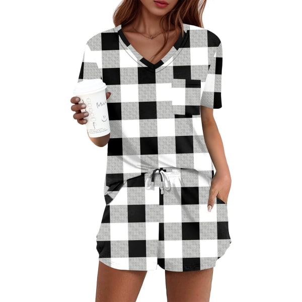 MOON Damkläder Pyjamas Set 2-delat Lounge Set Söt Kort Pyjamas Med Ficka Sovkläder Svart Vit Pla Liten