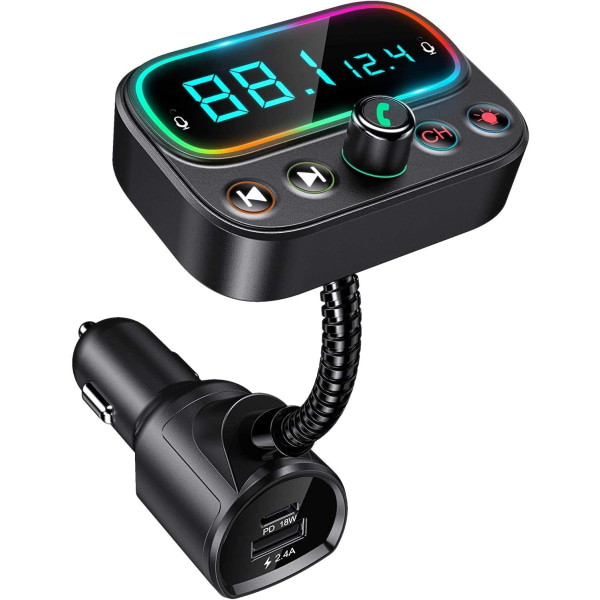 Sändare för bil Bluetooth 5.0-mottagare, USB C 18W billaddare 9-färgad bakgrundsbelyst blå