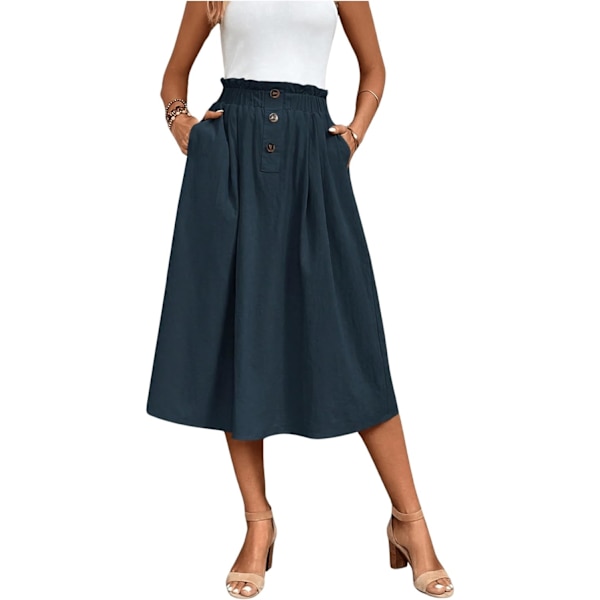 dusa Dam Elastisk Midja Fickor Sida A Linje Midi Swing Flared Kjolen Mörkblå X-Large
