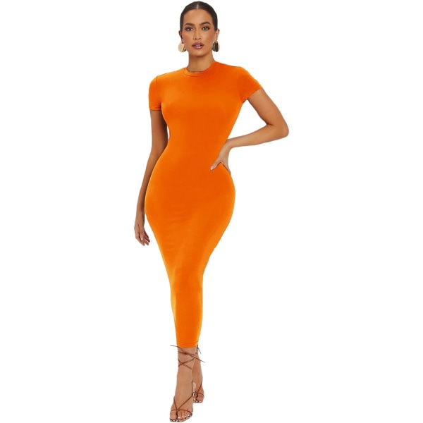 dusa Kvinnors rundhalsad cap Solid Long Pencil Bodycon Dress Orange Medium