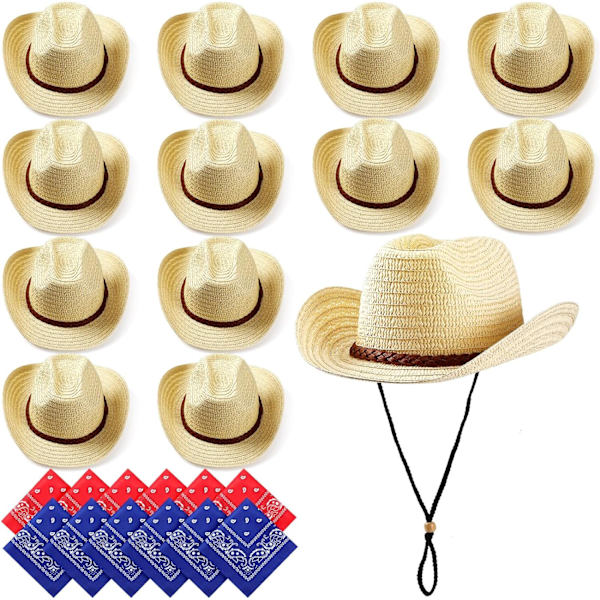 INIOR 12 Set Halm Cowboyhattar och Bandanas Festpaket Cowboy Fest Hatt Kostym Huvudbandana Bulk Western Tillbehör Beige Flätad trim stil