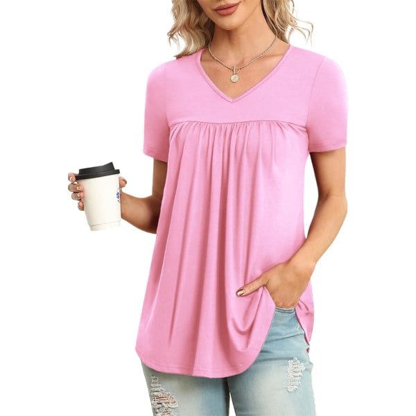 LASI Dam Sommartoppar V-ringning Korta Ärmar Casual Skjorta Flytande Tunika Blus Rosa Medium