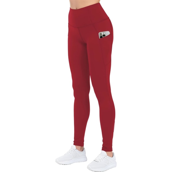 ch Dam High Waisted Active Yoga byxor med fickor Tummy Control Workout Buttery Soft Leggings Vinröd X-Large