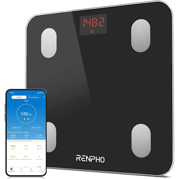 etooth kroppsfettvåg, RENPHO smart digital badrumsvåg kroppssammansättningsmonitorer med smartphone-app för W svart 1 räkning (förpackning om 1)
