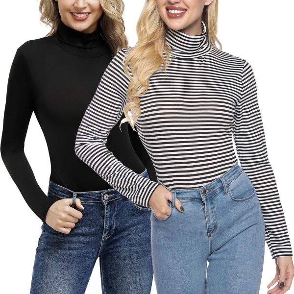 2-pack långärmad svart mock turtleneck pullover stretch slim lager topp för kvinnor