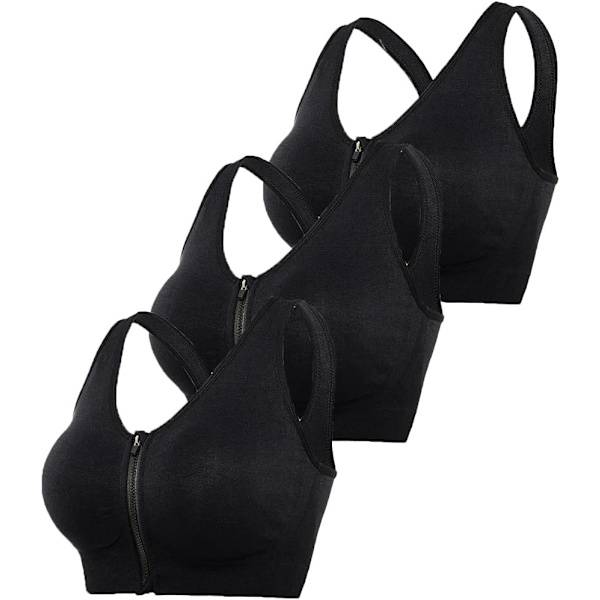 Sport-BH för kvinnor med dragkedja framtill, trådlös BH efter operation, aktiv yoga-sport-BH, 1# 3-pack (svart+beige+grå)