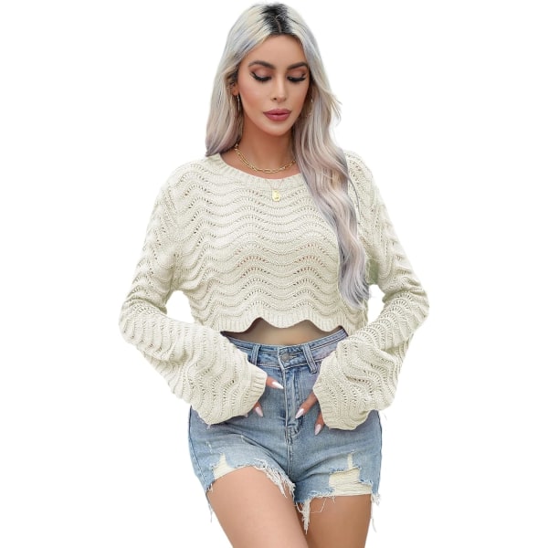 ivimos Dam Cropped Tröja Långärmad Rund Hals Casual Toppar Mode Ihålig Ut Elastisk Lös Stickad Tröja Pullover Beige Stor