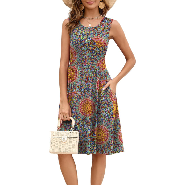 MOON ärmlösa klänningar för kvinnor med fickor Sommar Casual Knälång solklänning 01 Flerfärgad Stor