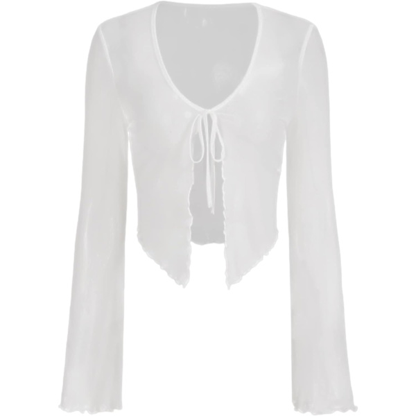 dusa Dam Sheer Shrug Crop Top Långärmad Tie Front Lettuce Trim Mesh Open Cardigan Top Vit Liten