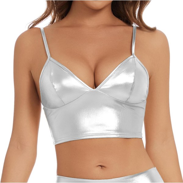 ielzana Dam Metallic Crop Tops Glansig V-hals Tubtopp för Dans, Raves, Festivaler, Kostymer Silver Liten
