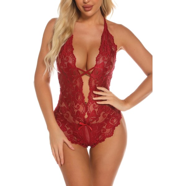 nmei Sexiga underkläder för kvinnor Spets Teddy Body Djup V Cut Out Matchande trosa Underkläder Röd Medium