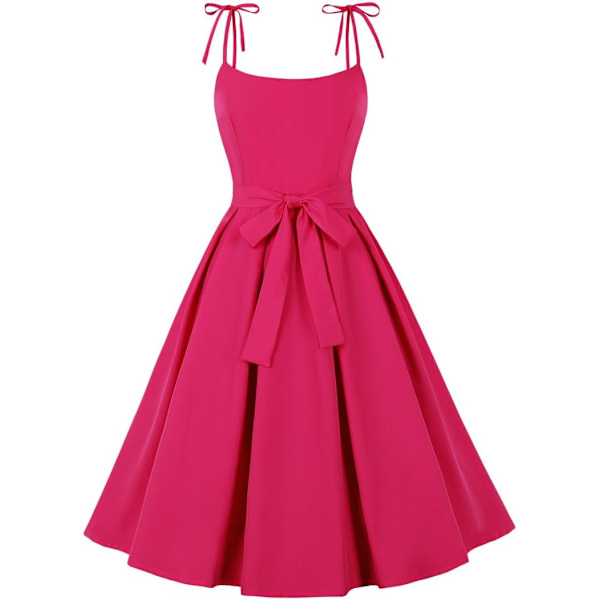 Vintage 1950-talets Rockabilly Polka Dots Audrey Hepburn Swing Tea Cap-Sleeve Klänning Cocktail 50-tal 60-tal Födelsedagsfest Klänning Hot Pink & Rosett Medium