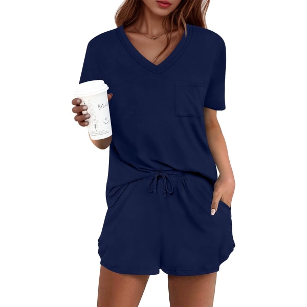 MOON Damkläder Pyjamas Set 2-delat Lounge Set Söt Kort Pyjamas Med Ficka Sovkläder Marinblå Medium