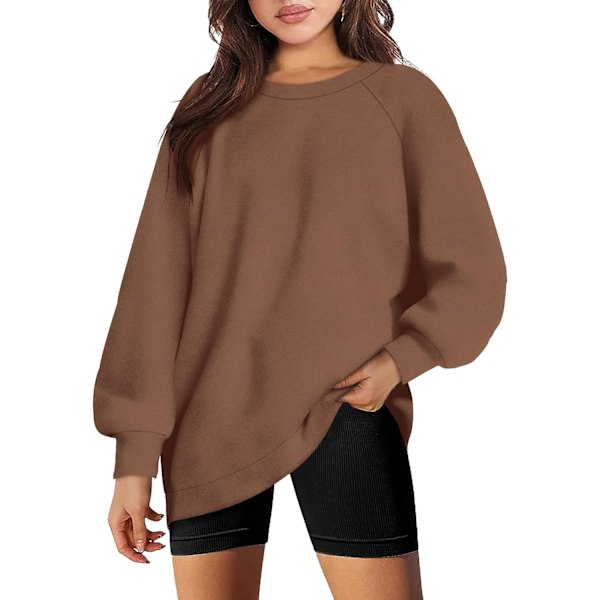 EFAN Oversized Sweatshirt för kvinnor Fleece Pullover Långärmad Toppar Crewneck Casual Trendy Höstkläder A-brun Liten
