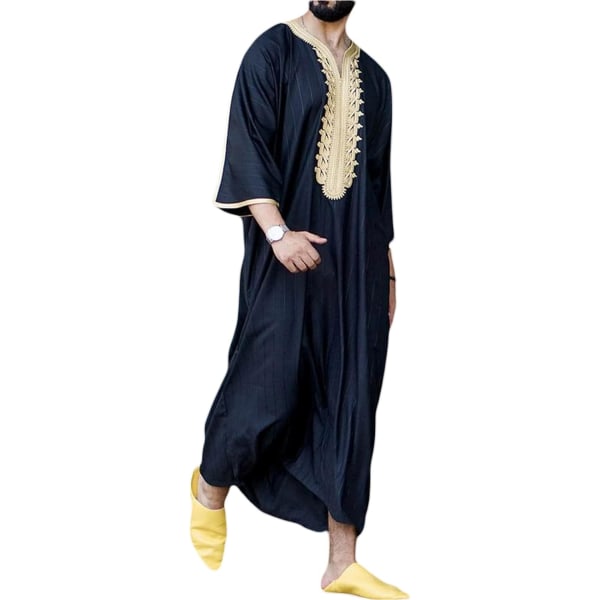 MVA Muslimsklänningar för män Långärmade Randiga Henley-skjortor Kaftan Muslim långklänning Thobe Robe för män T-marinblå 3X-Large