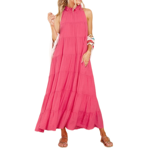 ivimos Dam Sommar Boho Volang Halterneck Ärmlös Mock Neck Tie Back Flytande Maxiklänning med Ficka Vattenmelonröd X-Large