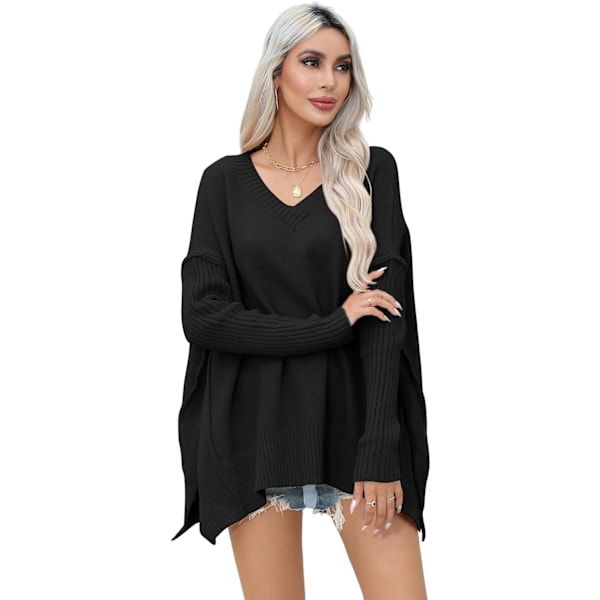 ivimos Dam Överdimensionerad Tröja Höst Långärmad V-ringning Lös Casual Toppar Grovstickad Pullover Sidoslits Varm Tröja Svart X-Large
