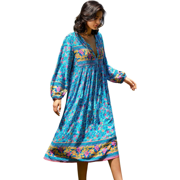 ivimos Dam långärmad blommig retro V-ringad tofs bohemisk midiklänning mörk turkos XX-Large