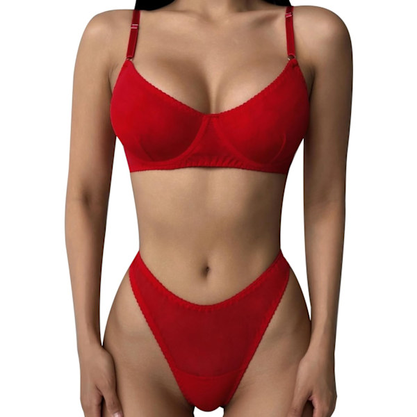 yx Dam Sheer See Through Lingerie Set Sexig Mesh Spets-BH och Trosset 2 Delar Röd Liten