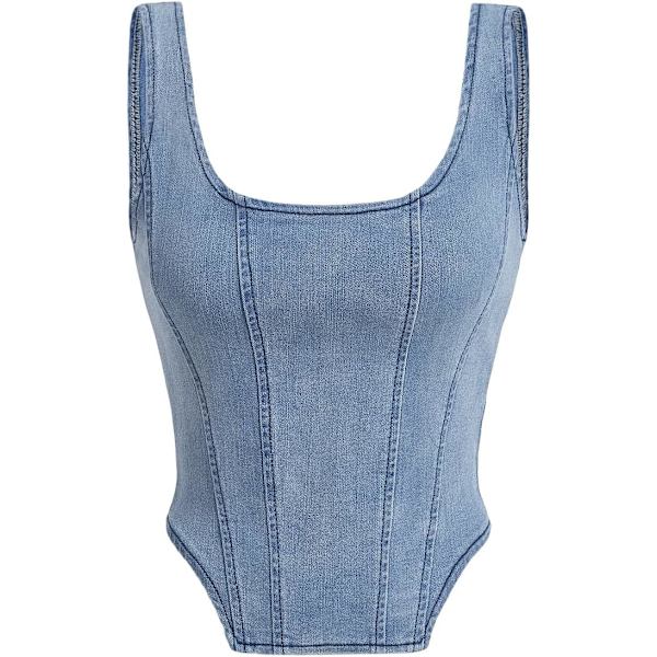 dusa Dam Zip Up Bak Asymmetrisk Scoop Hals Ärmlös Denim Crop Tank Top Blå X-Large