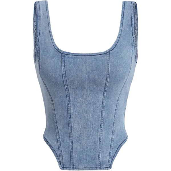 dusa Damer Zip Up Back Asymmetrisk Scoop Neck Ärmlös jeanslinne Crop Linje Blå Liten