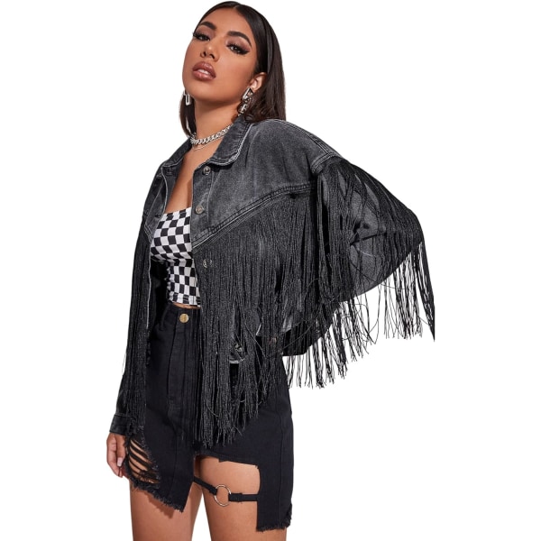 dusa Dam Button Front Fringe Trim Långärmad Drop Shoulder Denimjacka Mörkgrå Stor