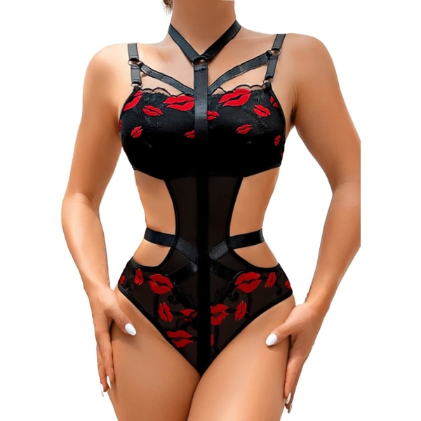 i&Shi Fishnet Body, Choker Strappy, Cutout Midja, Teddy Underkläder för kvinnor Red Lip 4-6