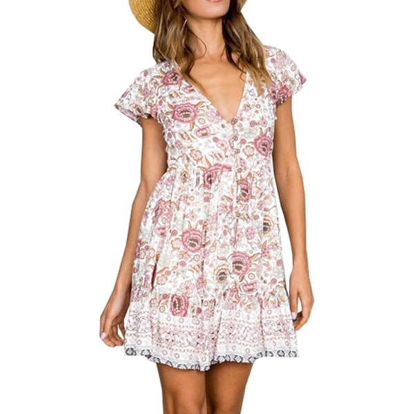 ivimos kvinnors kortärmade print V-hals bomull tunika klänning vit rosa medium