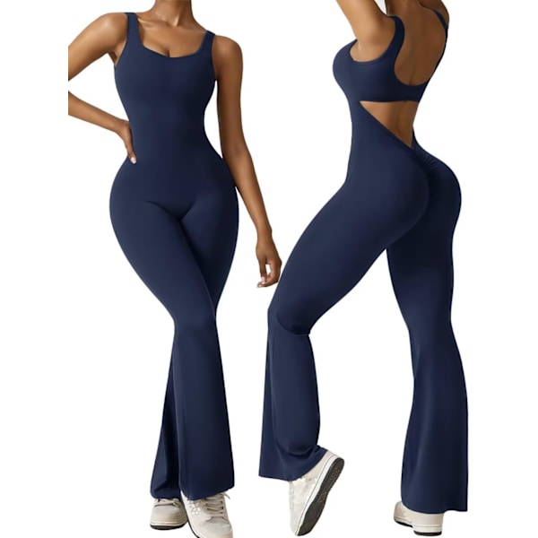 tvie Dam Sleeveless Flare Jumpsuits Sexig Rygglös Tank Tops Bodycon Scrunch Butt Yoga Rompers Seamless Unitard Playsuit
