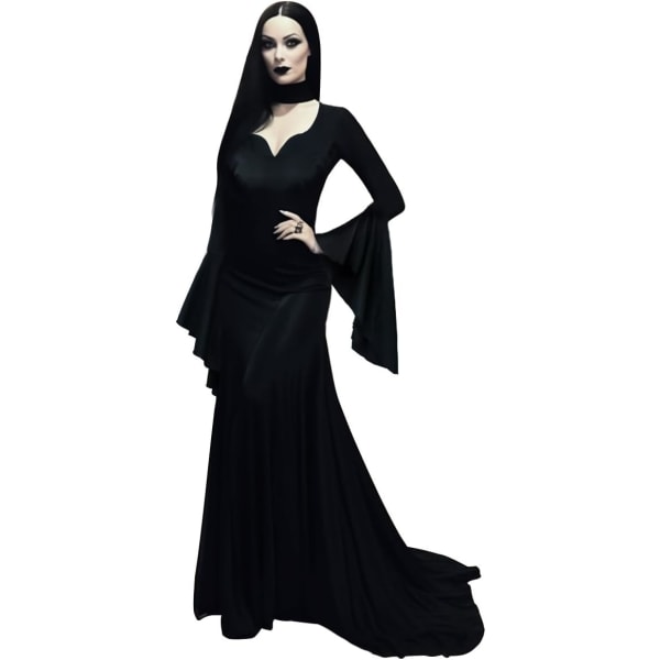 H Morticia Addams Kostym Kvinnor Vuxen Plus Size Spöklik Lång Svart Addams Family Klänning för Halloween Svart Medium
