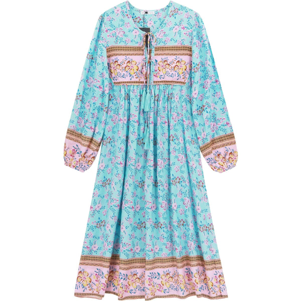 ivimos Dam långärmad blommig retro V-ringad tofs casual bohemisk midiklänning mörk himmelsblå X-Small