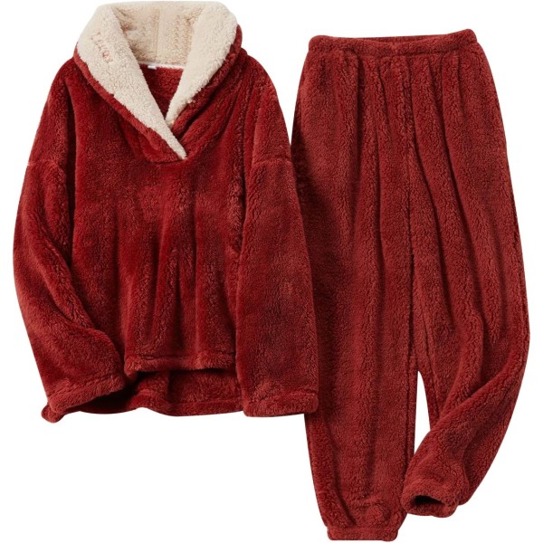 uo Dam Fluffy Pyjamas Set Fleece Pullover Byxor Lösa plysch nattkläder 2 delar Pjs Set Warm Loungewear Fuzzy Red Small