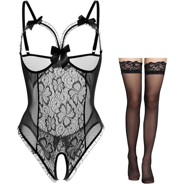 ureLove Damkläder Sexig Lingerie Öppen Cup Grenlös One-Piece Teddy Lace Nattlinne A-svart+stockin 3X-Large