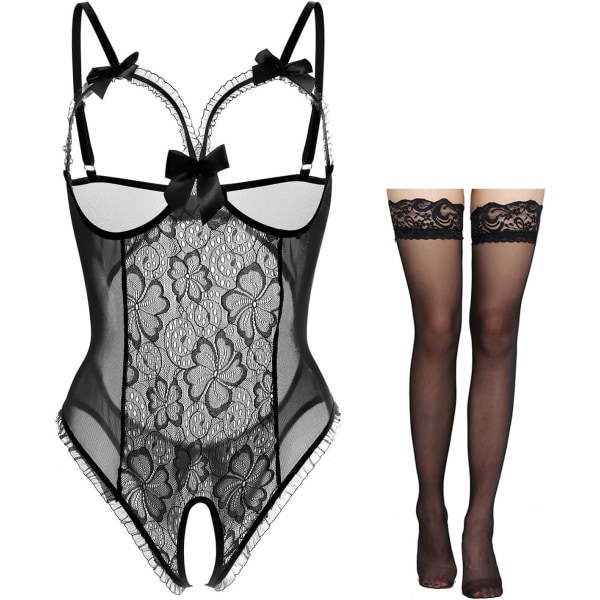 ureLove Damkläder Sexig Lingerie Öppen Kup Crotchless En-delad Teddy Spets Nattlinne A-svart+stockin 3X-Large