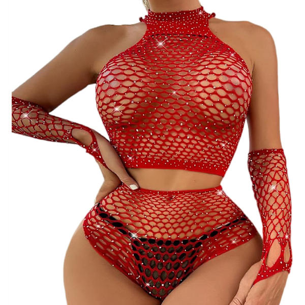 SATOP Dam Fishnet Bodysuit Hollow out Teddy Lingerie Set Gorgeous Rhinestone BadyDoll Röd